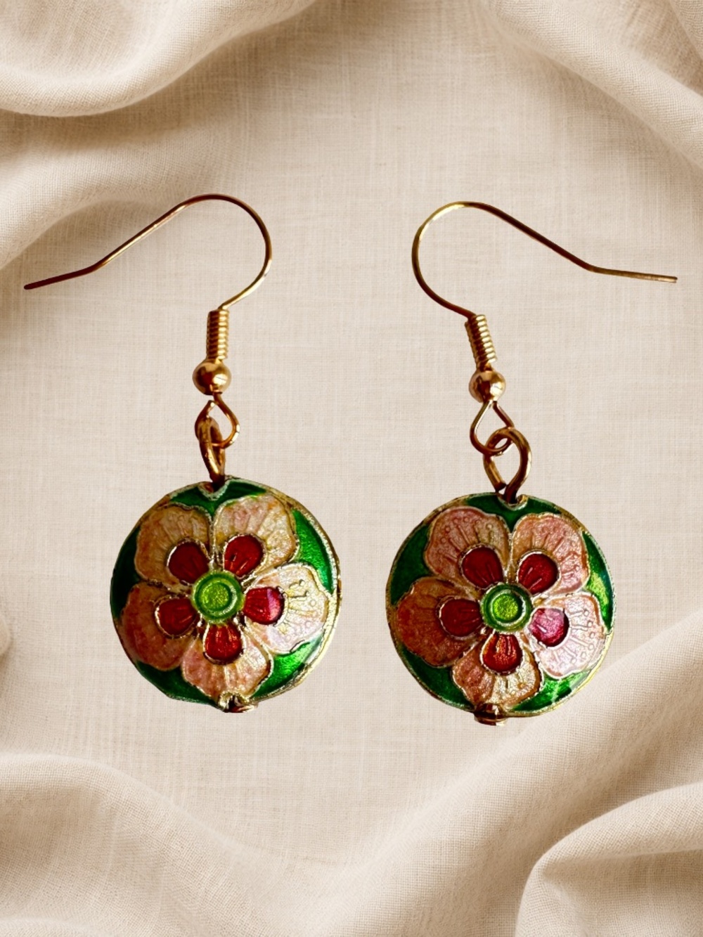 Vintage Cloisonne Dangle Earrings Pink Green Floral Enamel Round Gold Tone Boho